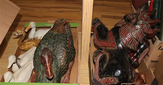 Oriental duck figures, glass duck & wooden dragon